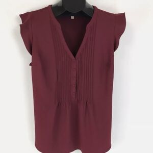 ModCloth Blouse Burgundy Red Tie Back Flutter Sleeve Womens Large Buttons Pleats